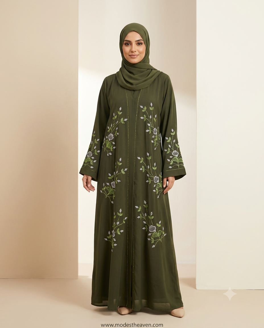 Olive green embroidered abaya with floral design front view