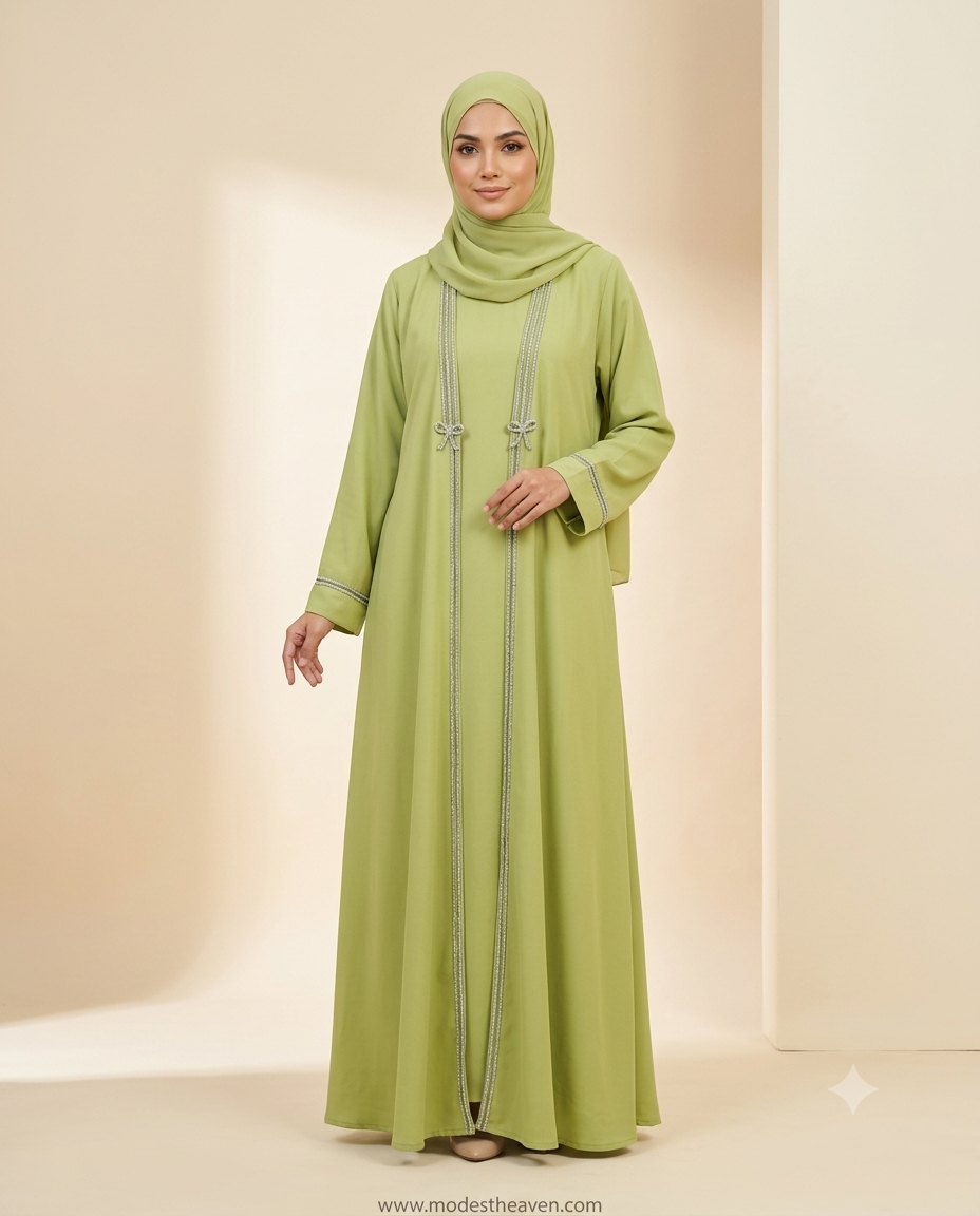 Woman wearing pistachio green abaya with silver bead trim, bow detail and matching hijab