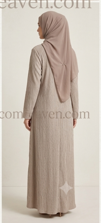 Back view of premium ribbed taupe beige abaya showing elegant modest silhouette
