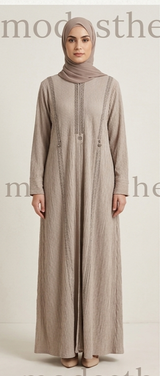 Premium ribbed front open abaya in taupe beige color front view size 56