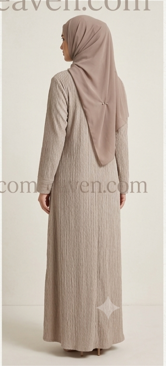 Full length back view of taupe beige ribbed abaya with textured fabric and modest design