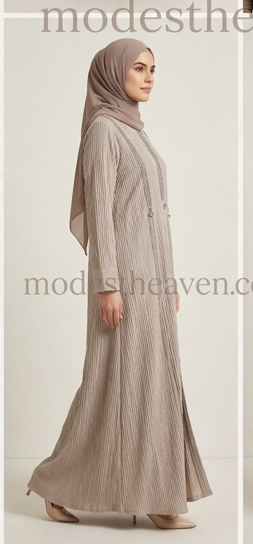 Side view of premium ribbed taupe beige front open abaya with modest flowy fit