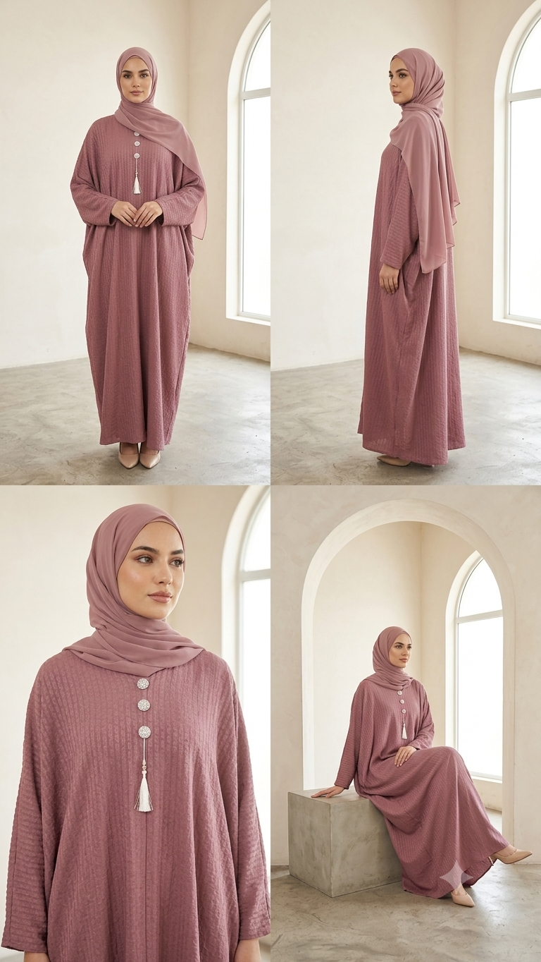 Woman wearing rose pink textured kimono-style abaya with tassel detail and matching hijab, full-length  view