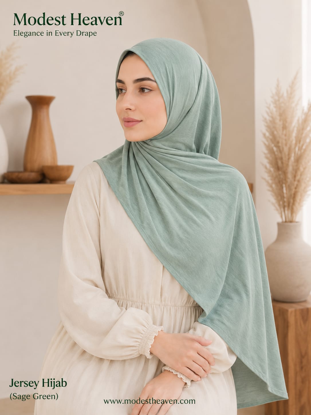 Woman wearing sage green premium jersey hijab, portrait view