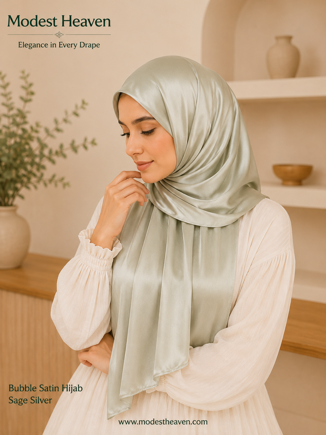 Woman wearing sage silver premium bubble satin hijab, seated portrait view