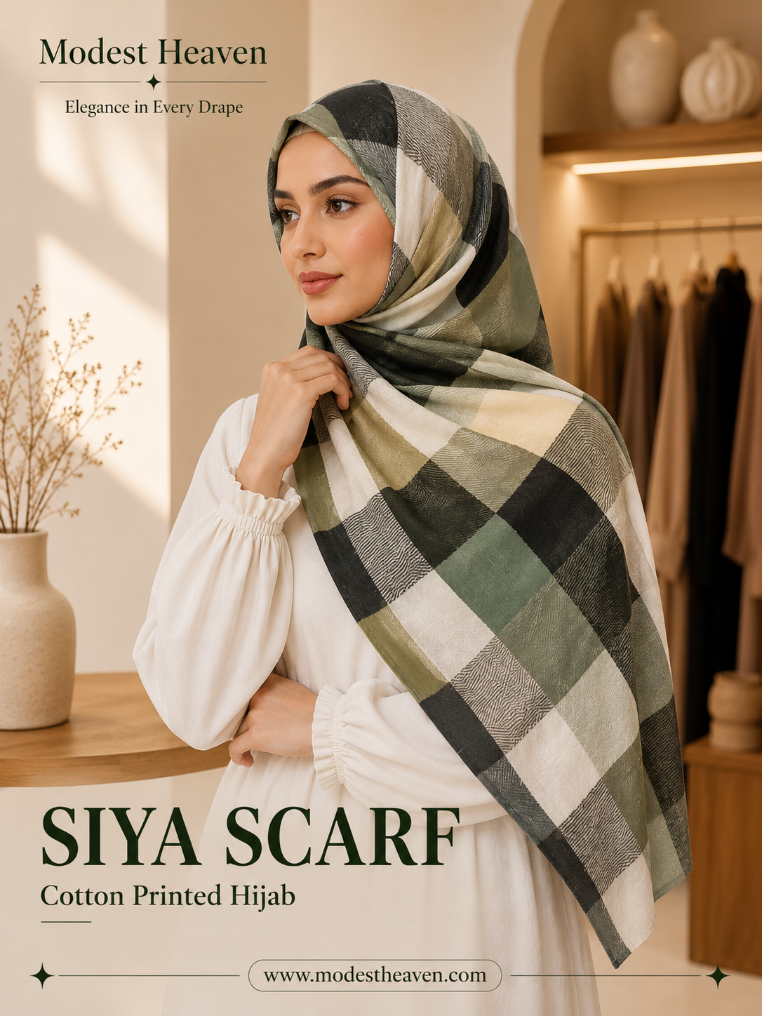 Siya Scarf Cotton Printed Hijab in Olive-green-check-floral by Modest Heaven