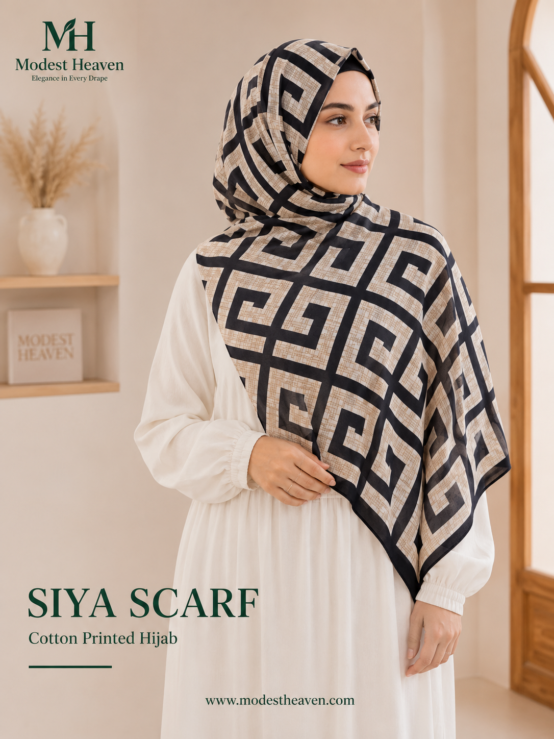 Siya Scarf – Beige  Black Geometric Print Cotton Hijab Modest Heaven