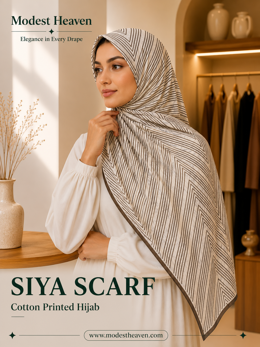 Scarf Cotton Printed Hijab in Beige Brown Chevron Siya  by Modest Heaven