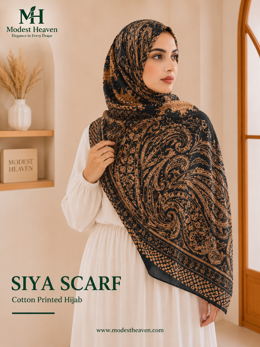 Siya Scarf – Black & Gold Paisley Print Cotton Hijab | Modest Heaven