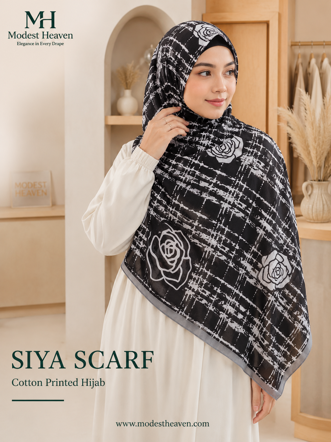 Siya Scarf – Black & Grey Floral Rose Print Cotton Hijab Modest Heaven
