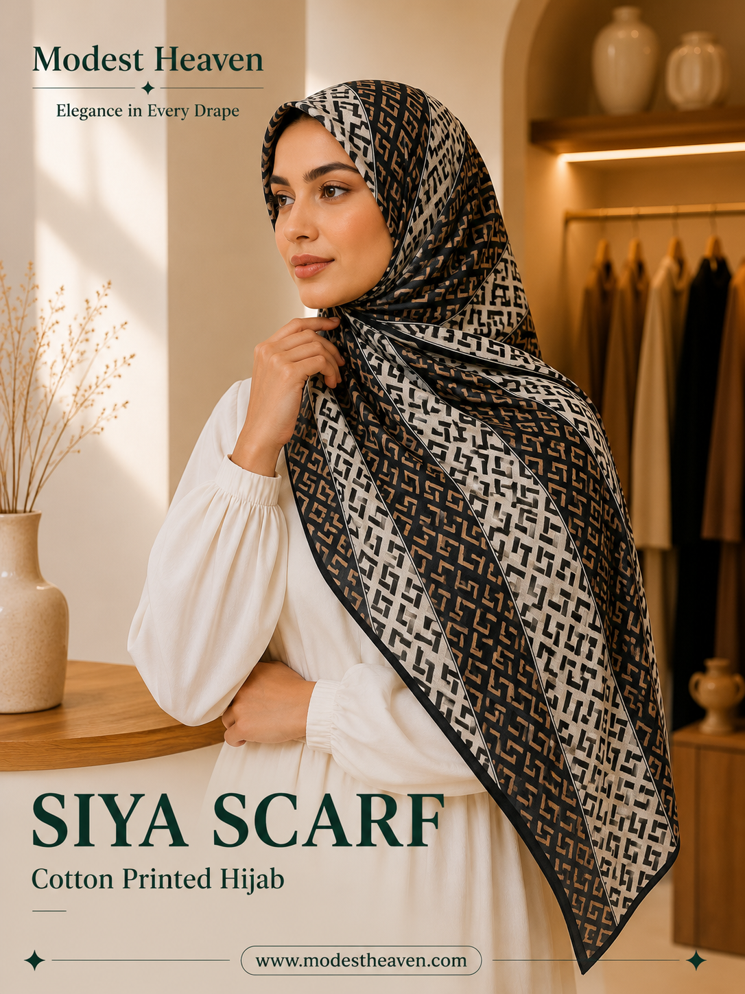 Scarf Cotton Printed Hijab in Black Tan Geometric Siya  by Modest Heaven