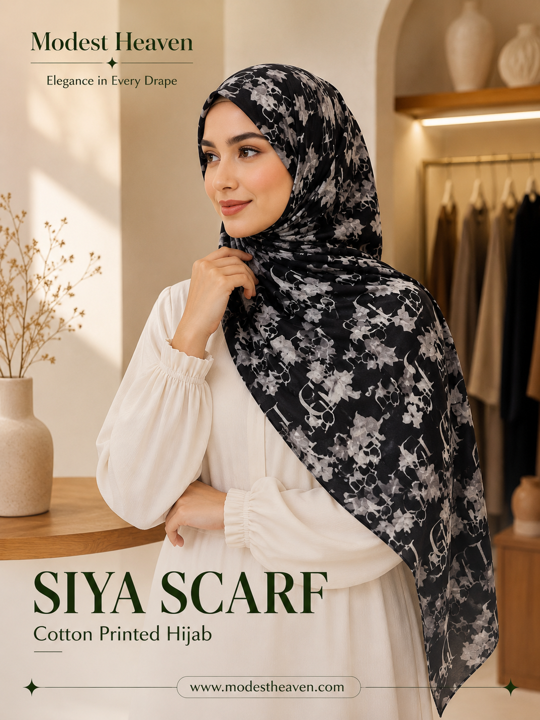 Siya Scarf Cotton Printed Hijab in Black White Floral by Modest Heaven
