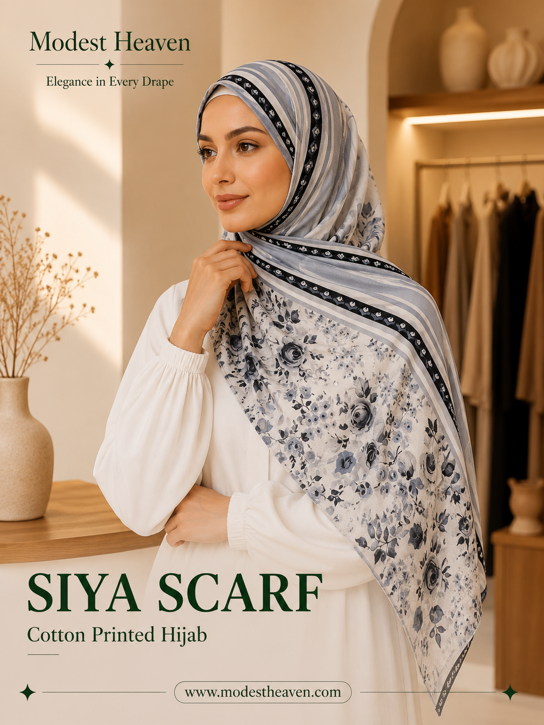 Siya Scarf Cotton Printed Hijab in Blue Grey Floral by Modest Heaven