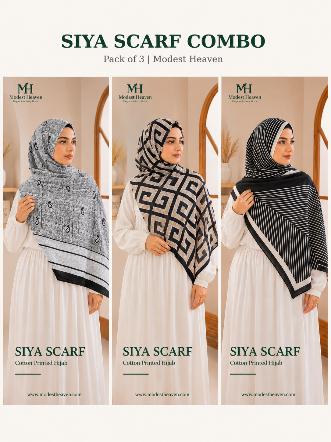 Siya Scarf Combo – Pack of 3 (Paisley, Geometric & Striped) Cotton Hijabs | Modest Heaven