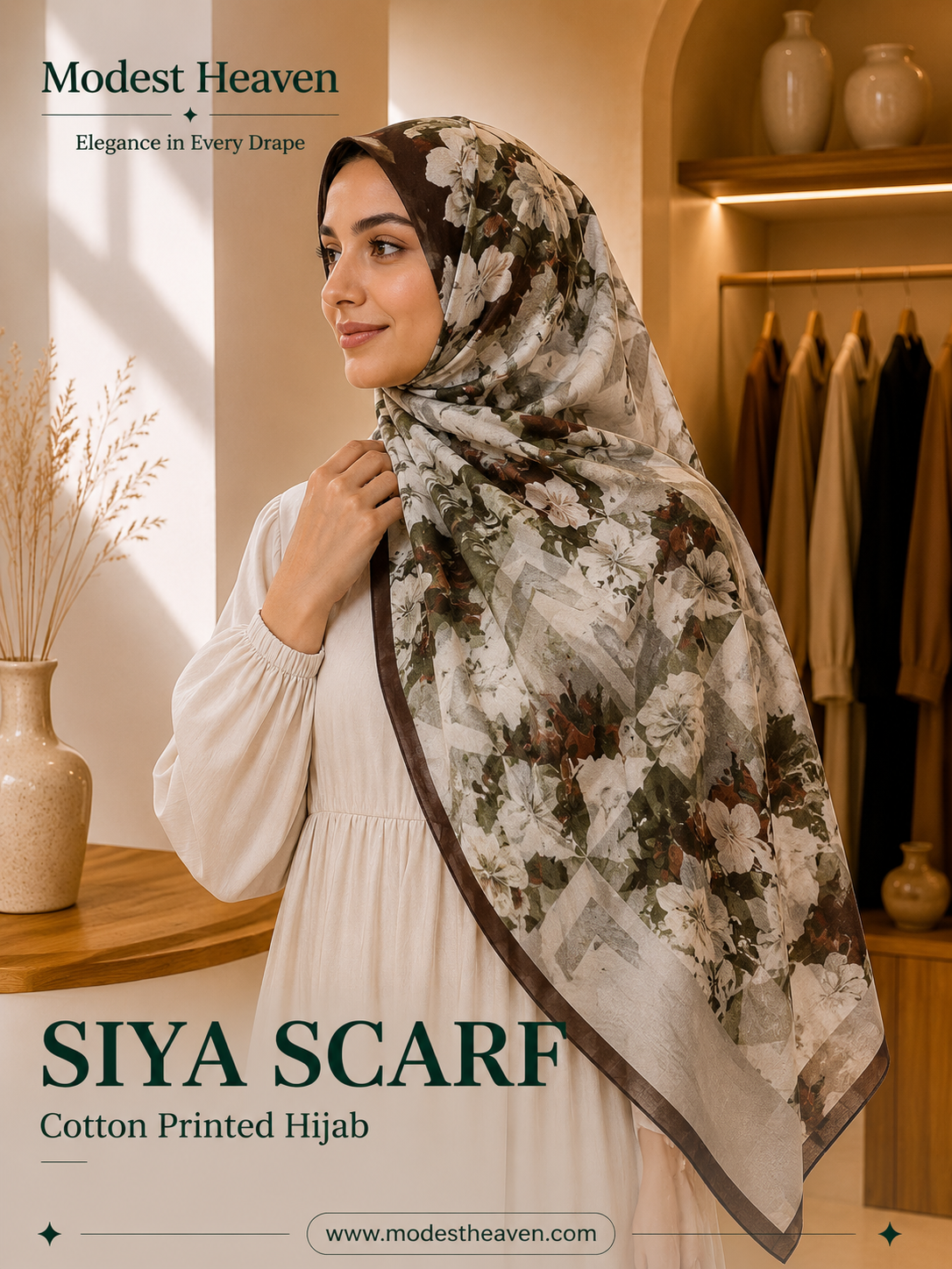 Woman wearing Siya Scarf cotton printed floral hijab by Modest Heaven