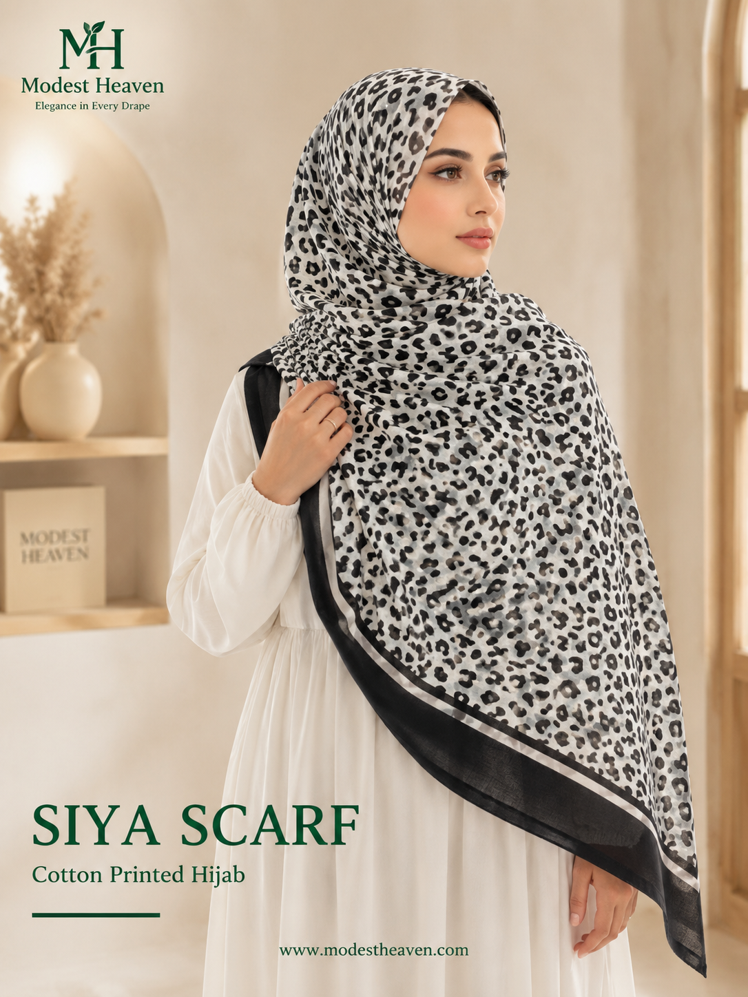 Siya Scarf – Grey & Black Leopard Print Cotton Hijab | Modest Heaven