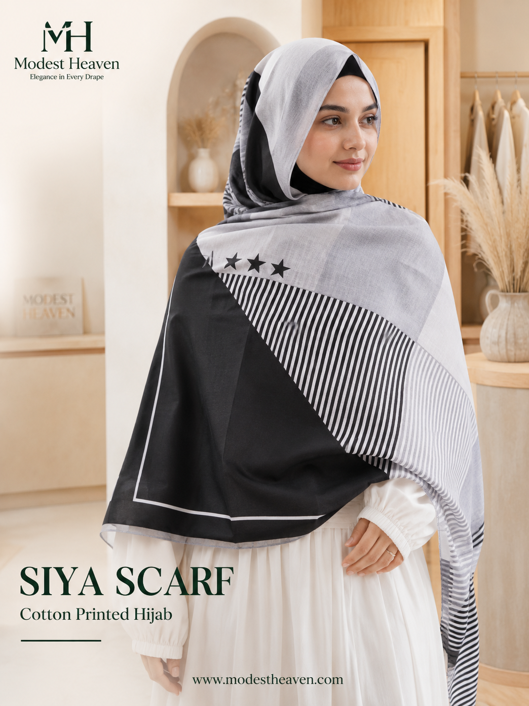 Siya Scarf – Grey & Black Star Stripe Print Cotton Hijab | Modest Heaven