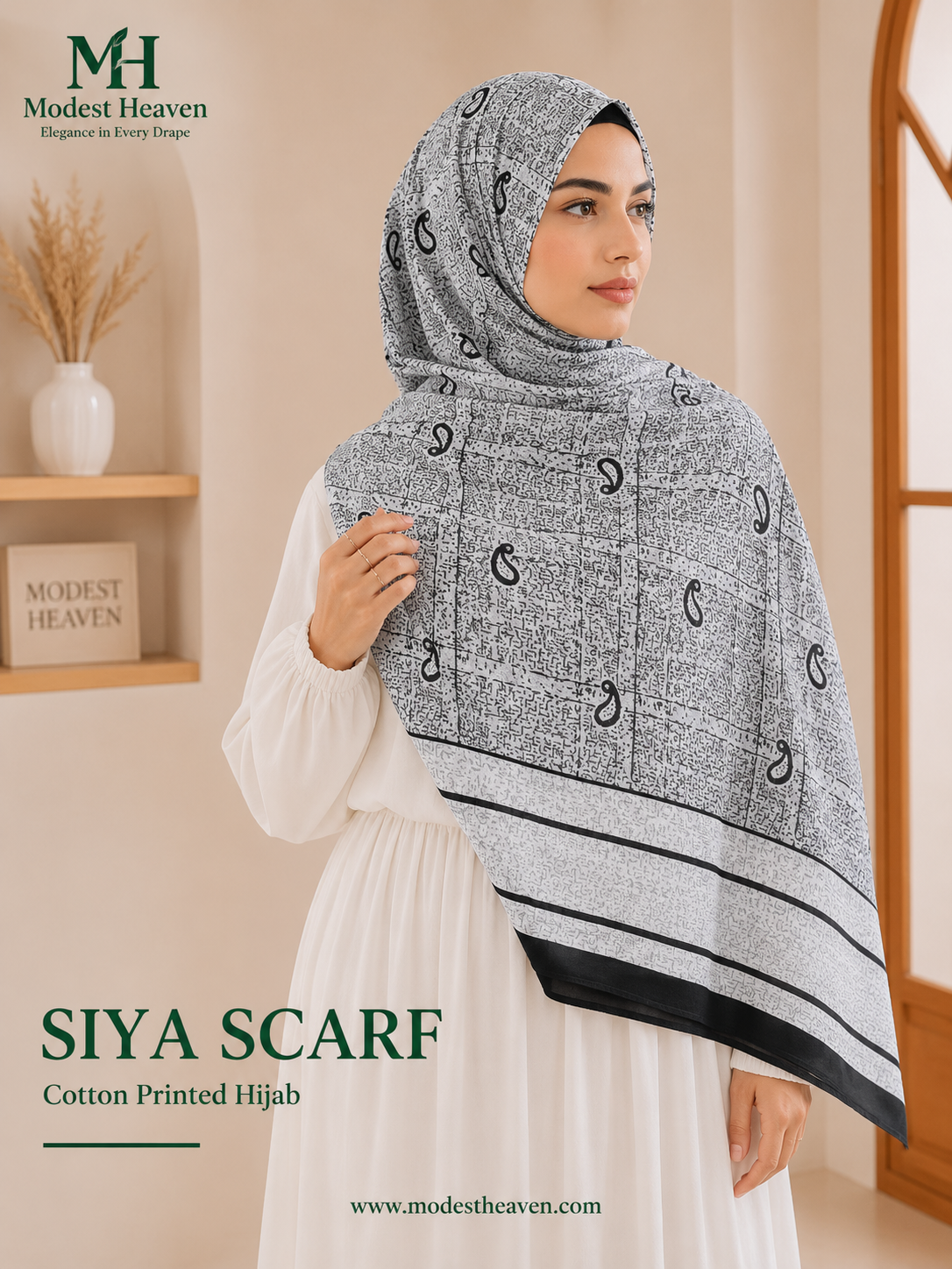 Siya Scarf – Grey Paisley Print Cotton Hijab  Modest Heaven