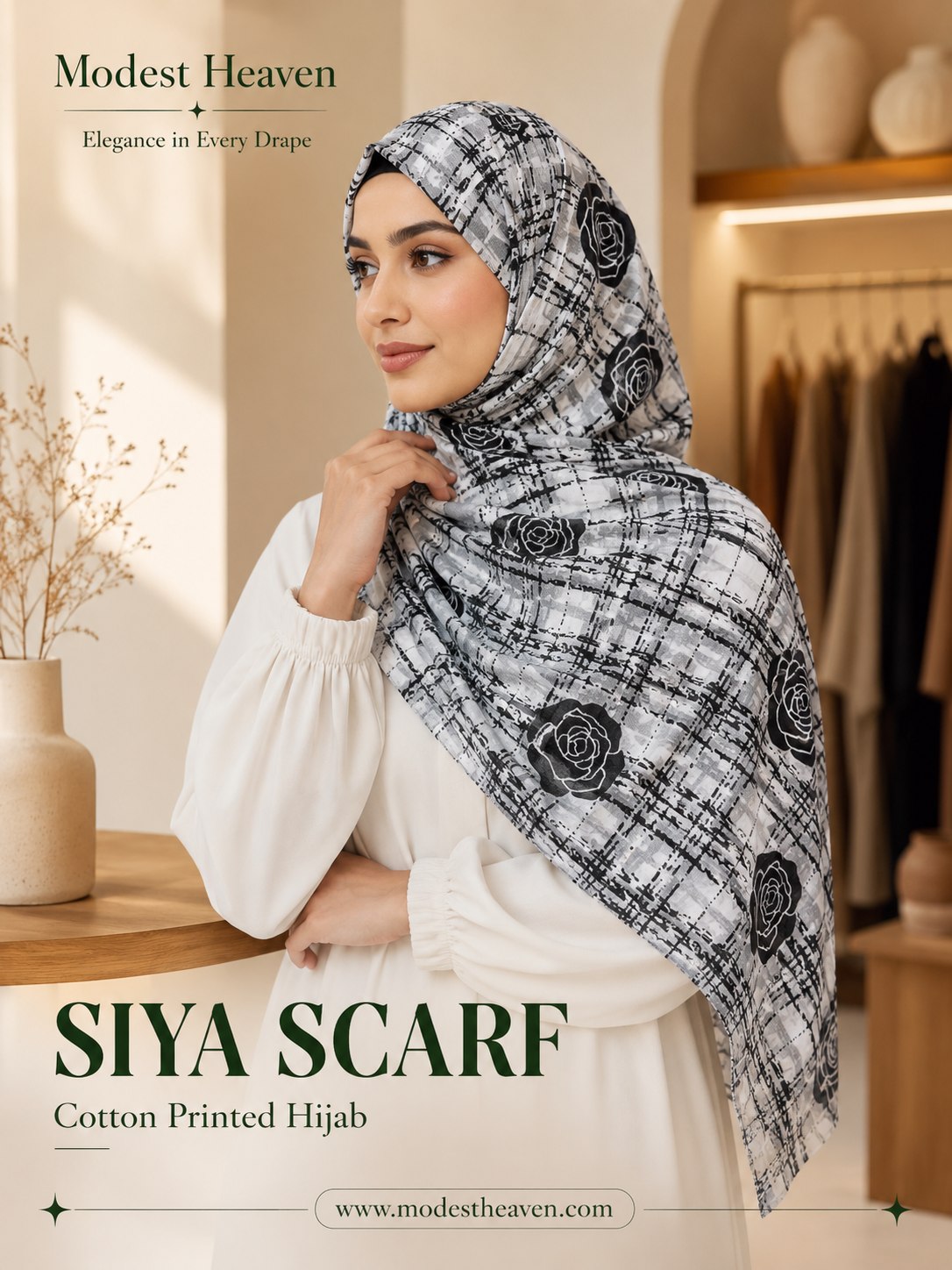 Siya Scarf Cotton Printed Hijab in Grey Plaid Rose by Modest Heaven