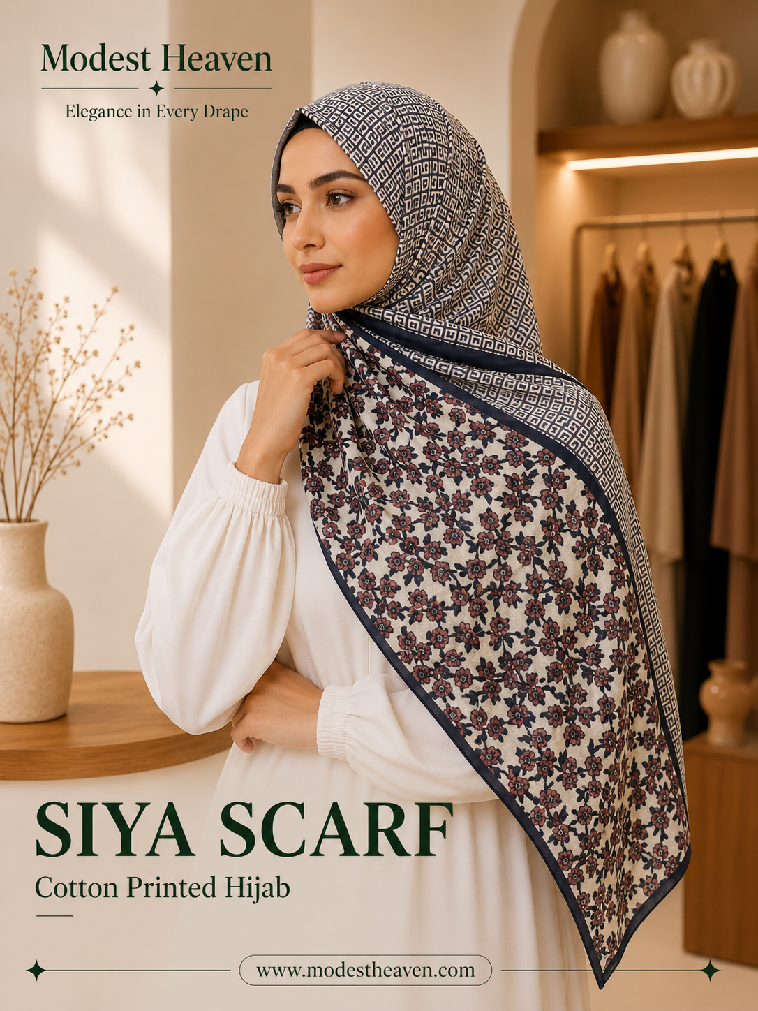 Woman styling Siya Scarf navy floral geometric print cotton hijab by Modest Heaven