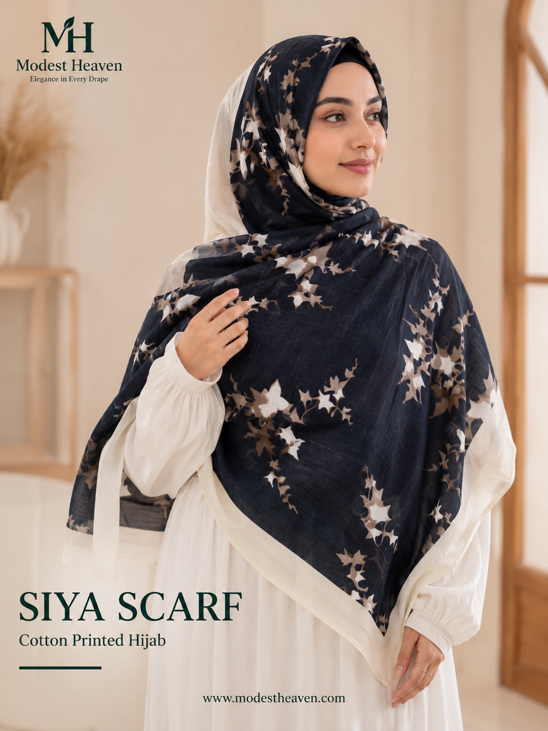 Siya Scarf – Navy Star Leaf Print Cotton Hijab | Modest Heaven