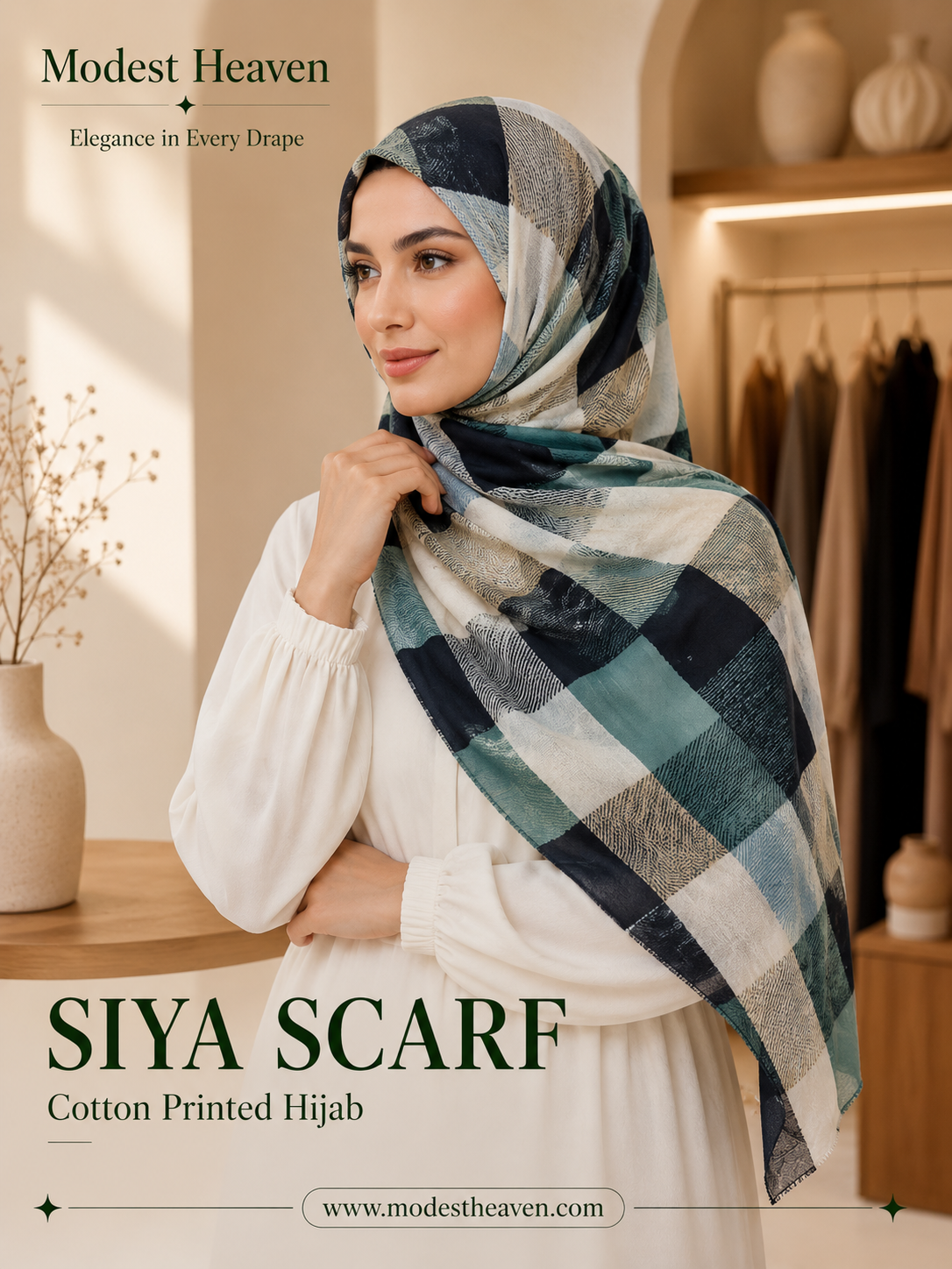 Siya Scarf Cotton Printed Hijab in Navy Teal Check by Modest Heaven
