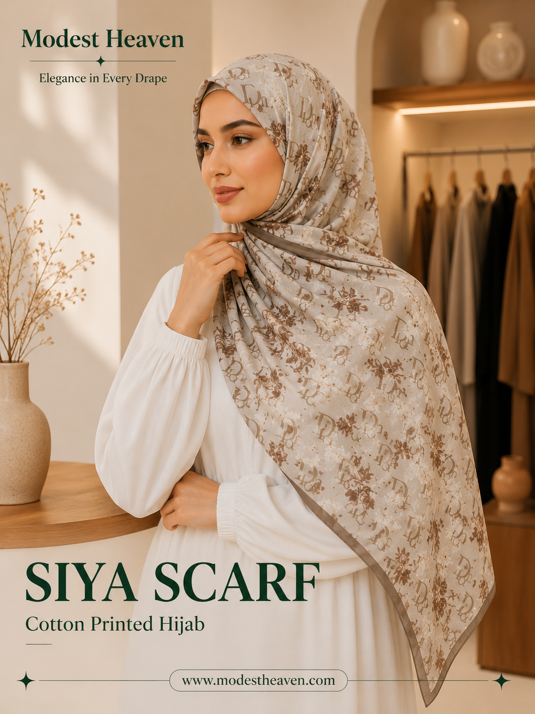 Siya Scarf Cotton Printed Hijab in Taupe Monogram Floral by Modest Heaven