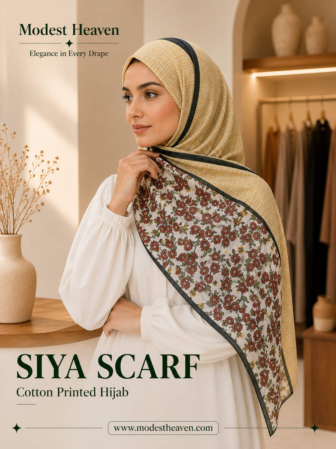 Siya Scarf Cotton Printed Hijab in Yellow Floral Border by Modest Heaven