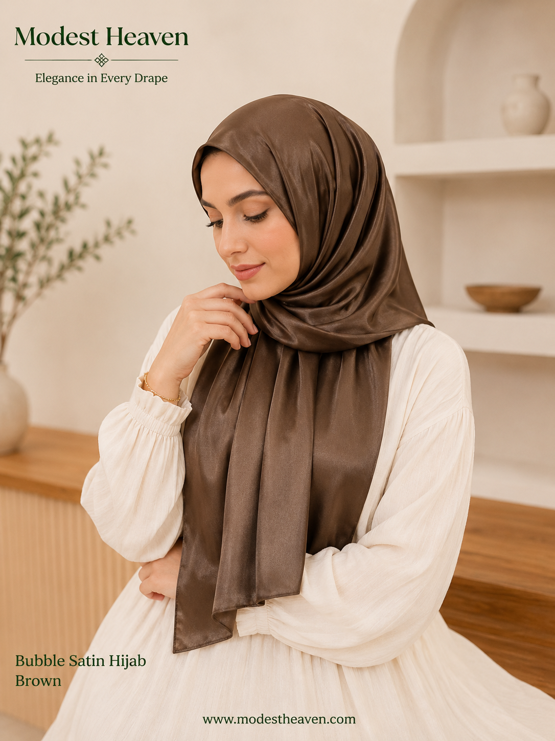 Woman wearing brown premium bubble satin hijab, portrait view